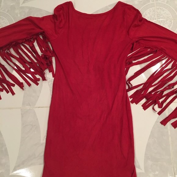 Red Faux Suede Fringed Sleeve Dress - Picture 2 of 3